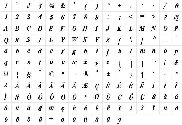 Cheltenham ITC BQ Regular  glyph index