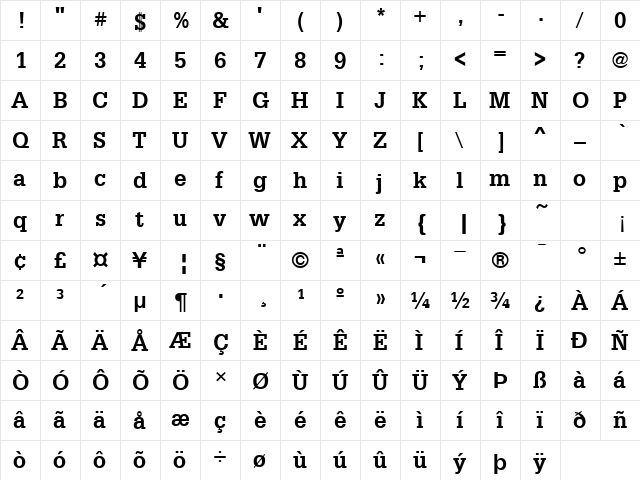 Glytus Bold  glyph index