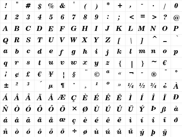 News702 BT Bold Italic  glyph index