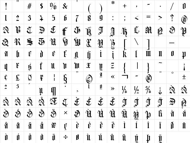 Church Text b Regular  glyph index