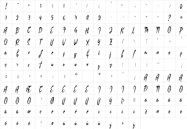 Ellpacino Handbrush Regular  glyph index