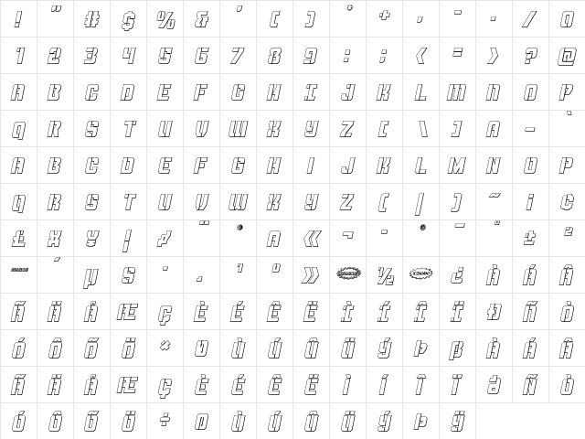 Thunder Trooper Outline Italic Outline Italic  glyph index
