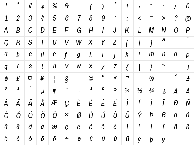 Archivo Narrow Italic  glyph index