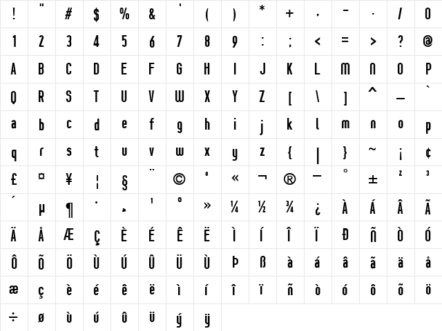 Prozak Bold  glyph index