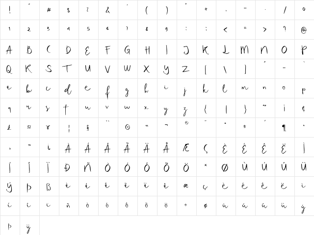 Tequilove Regular  glyph index