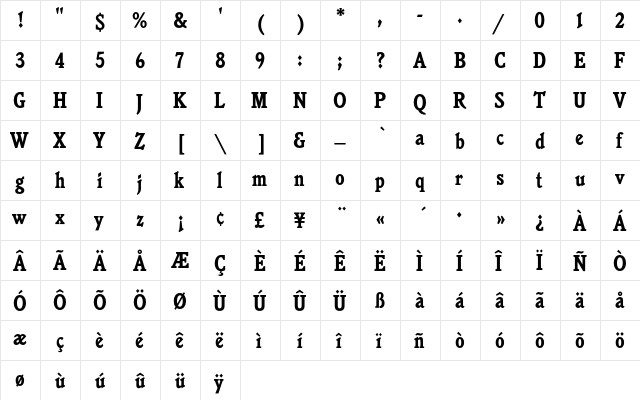 JensonOldStyleEF BoldCond  glyph index