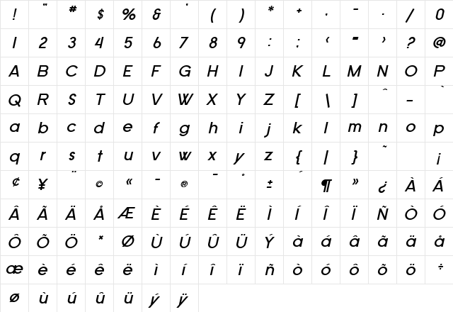 SF Old Republic Bold Italic  glyph index