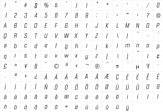 Diamante-LightIta Regular  glyph index