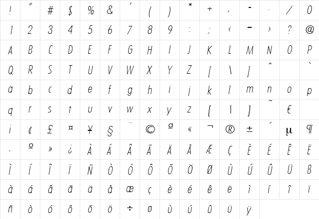 Limerick-XlightCondIta Regular  glyph index