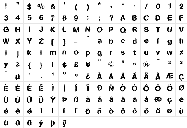 Sanstencil Regular  glyph index