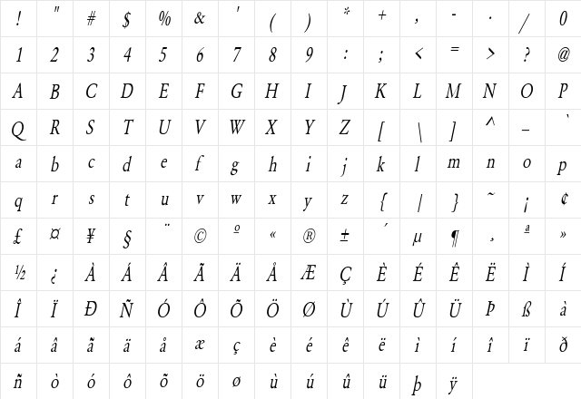 Yearlind-Normal Condensed Italic  glyph index