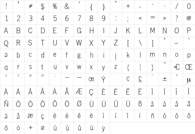 Selene Regular  glyph index