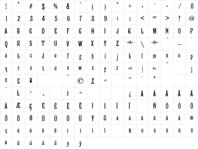 Campanile Regular  glyph index