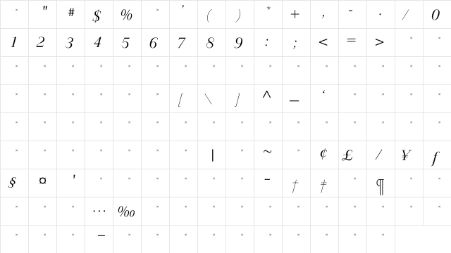 JardineLightItalicTab Regular  glyph index
