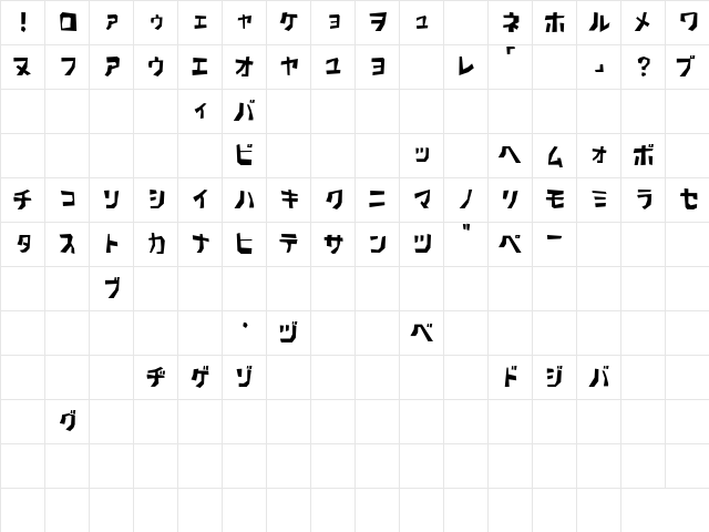 PavementKana Regular  glyph index