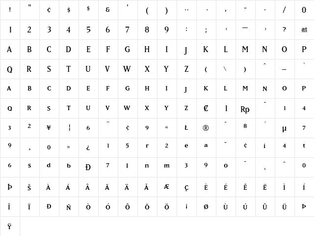 MatrixRegularSmallCaps Medium  glyph index