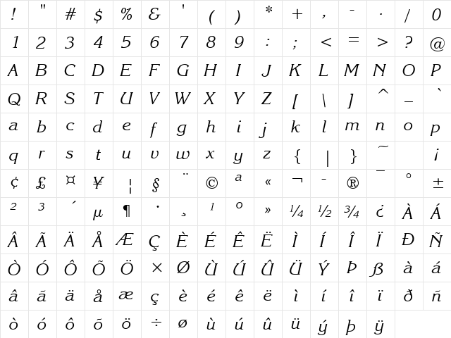 Enchanted Italic  glyph index