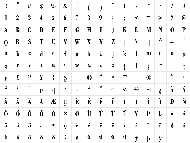 BodoniCondSSK Bold  glyph index
