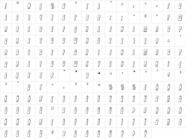 Elastic Lad 3D Italic Regular  glyph index