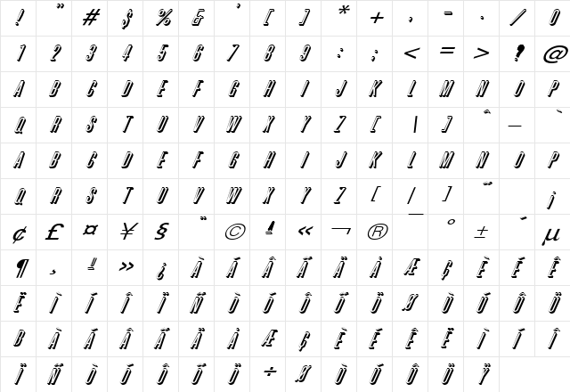 Phoenix Wide D Italic  glyph index