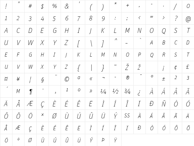 Unit-ThinSCItalic Regular  glyph index