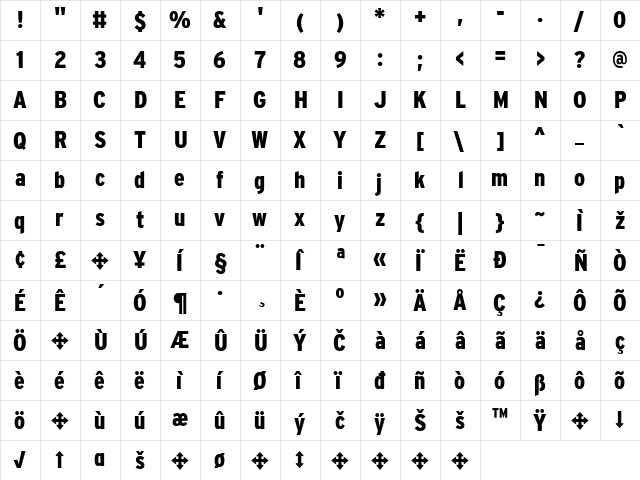 InterstateCondBlack Regular  glyph index