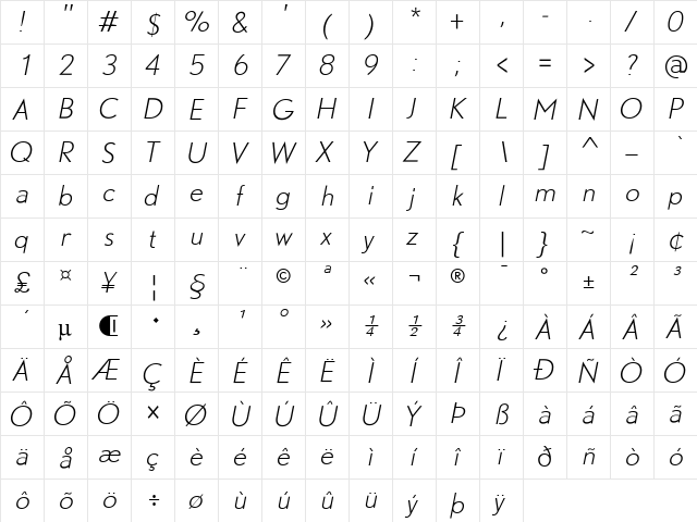 DTLNobelT Light Italic  glyph index
