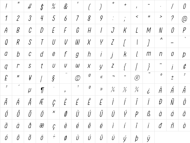 Clambake October Six Light Italic  glyph index