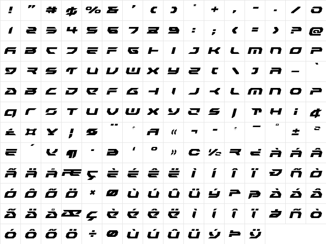 Royal Samurai Light Italic Light Italic  glyph index