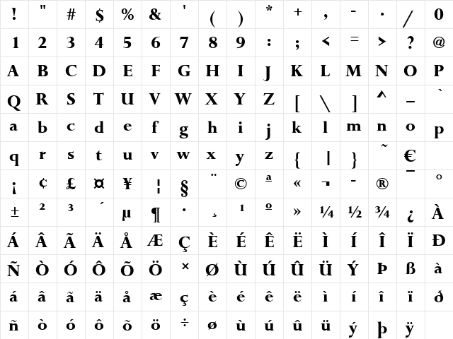 Toujours Bold  glyph index