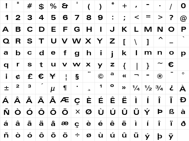 Zurich BdEx BT Bold  glyph index