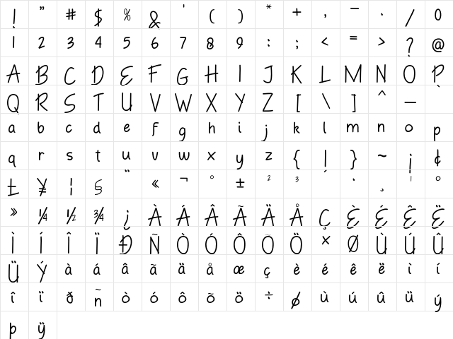 Hand Boys Regular  glyph index