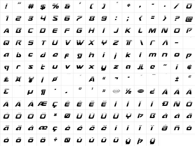 USAngel Halftone Italic Italic  glyph index