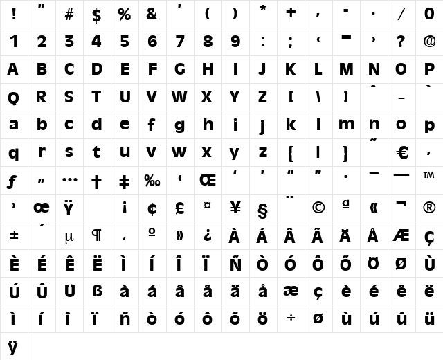 Ravenna-Bold Regular  glyph index