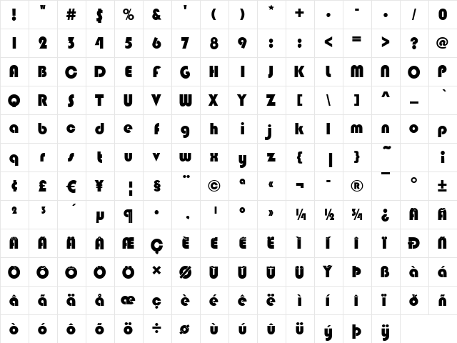 Bilbao-Poster-Black Regular  glyph index