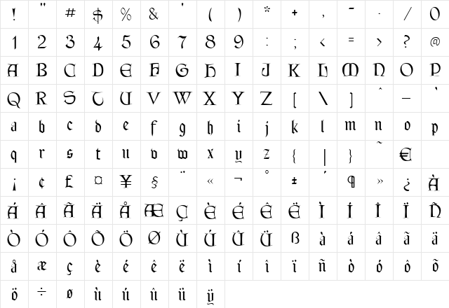 Tintagel Regular  glyph index