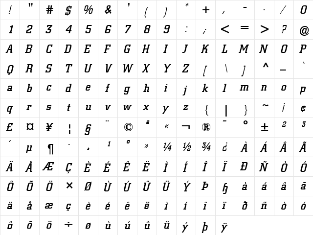 Berthold City Italic  glyph index