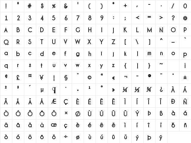 Pinstripe Limo Regular  glyph index