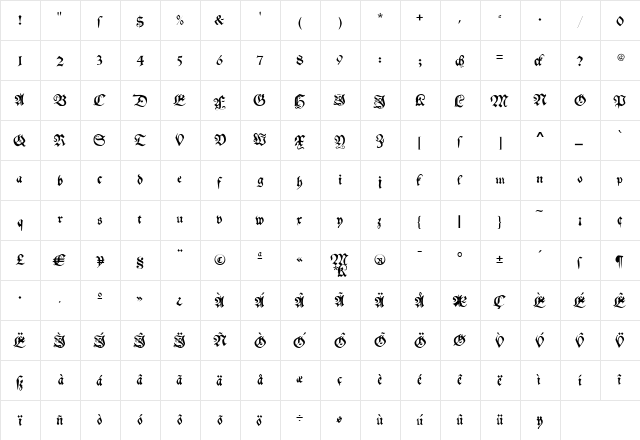 MyElectronicSchwabach Regular  glyph index