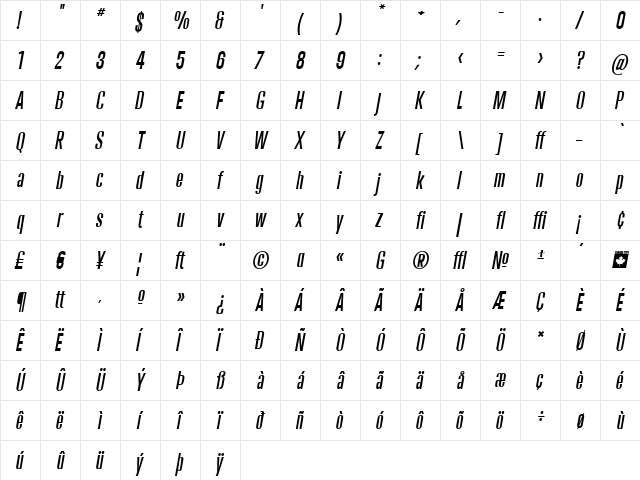 Trump Gothic West Medium Italic  glyph index