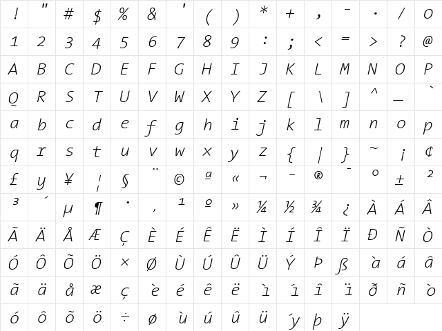 TheSansMono ExtraLight Italic  glyph index