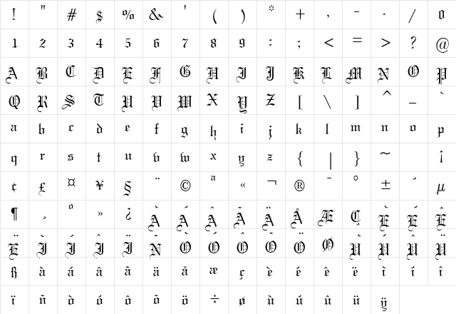Gothic 57 Condensed Normal  glyph index