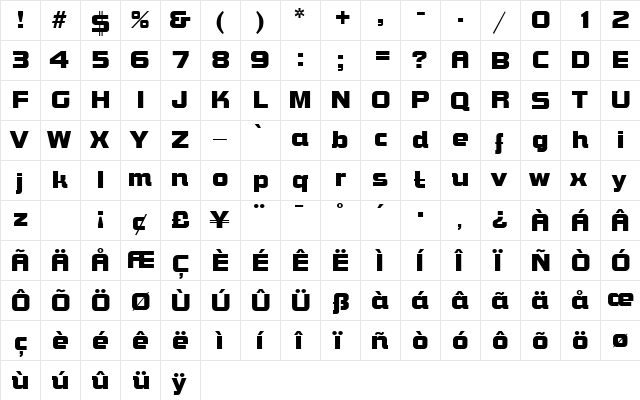 Bolts SF Regular  glyph index