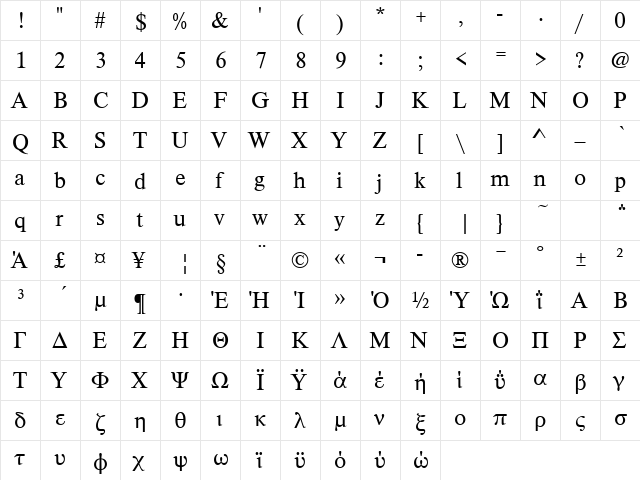 TimelessTGRLig Regular  glyph index