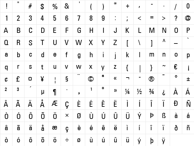 Univers LT 57 Condensed Regular  glyph index