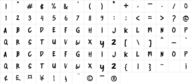 Cyber Brush Regular  glyph index