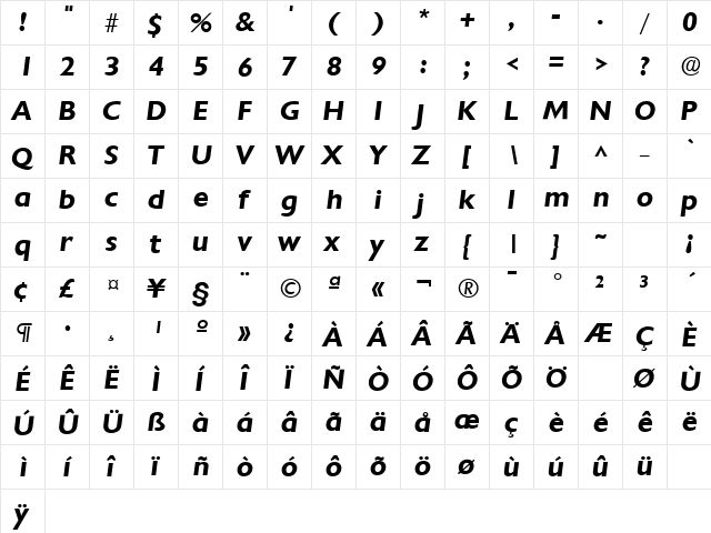 Chantilly Bold Italic  glyph index