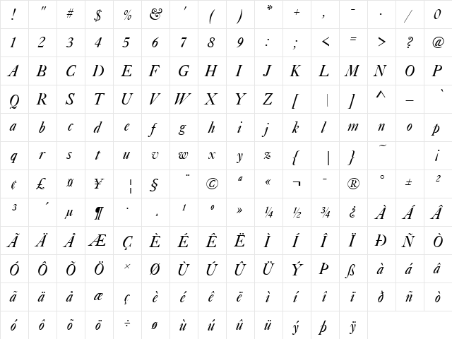 Caslon Becker No540 Italic  glyph index