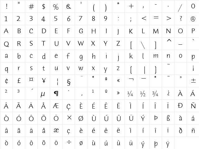 HumanaSansITC-Light Light  glyph index