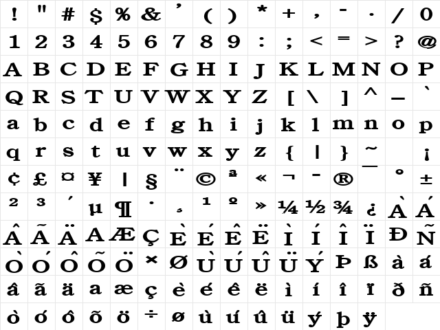 Cento Extended Bold  glyph index